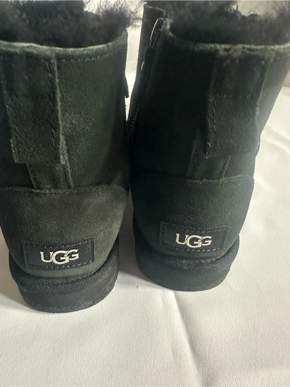 UGG Kids Black Suede Short Zip Boots with Faux Fur Collar